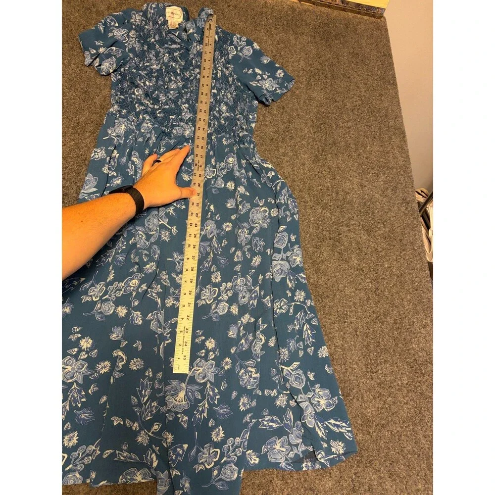 Karin Stevens Womens 14 Teal Blue Floral Smocked Maxi Dress Rayon Short Sleeve
